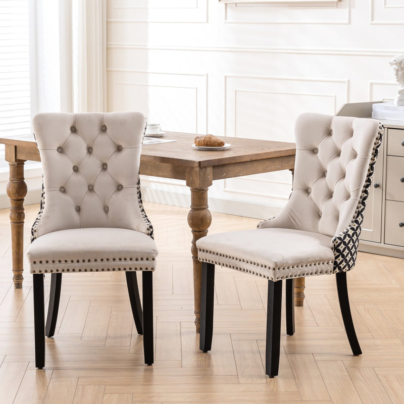 2 chaises de salle à manger en velours classique, beige, coussin éponge à rebond élevé, pieds en bois massif pour pieds en mousse beige, pièce de style élégant