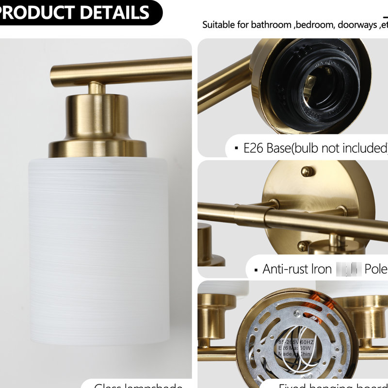Meuble-lavabo moderne à 6 lumières dorées, abat-jour en verre givré, luminaire mural,, H 9,99 po x l 6,42 po x P 38,94 po, 6