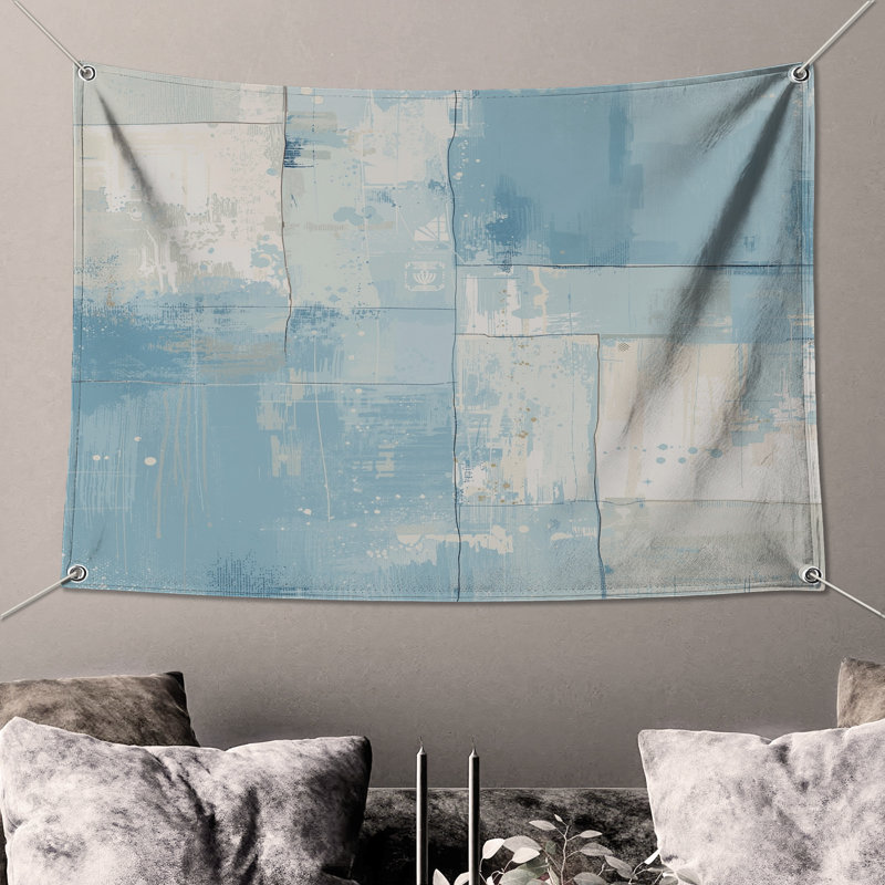 Tapisserie murale bleue abstraite, H 68 po x l 80 po avec 4 œillets