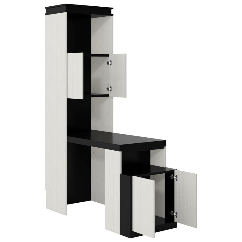 Lit escamotable double avec bureau, tablettes et armoires de rangement, noir et blanc
