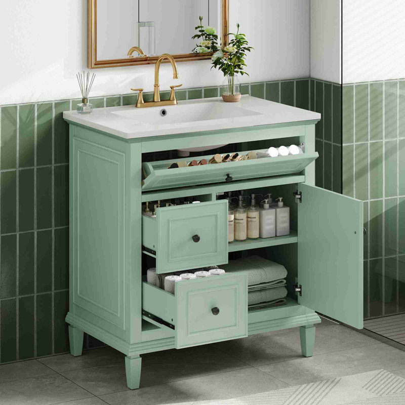 Meuble-lavabo de salle de bain avec tiroir rabattable, Vert