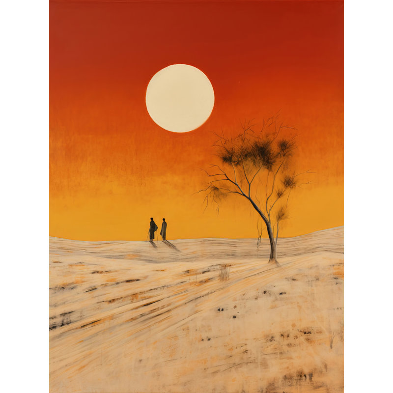 Wall Art Print Desert Landscape Sunset Sun Oil Painting Amber Orange Windswept Dunes Poster