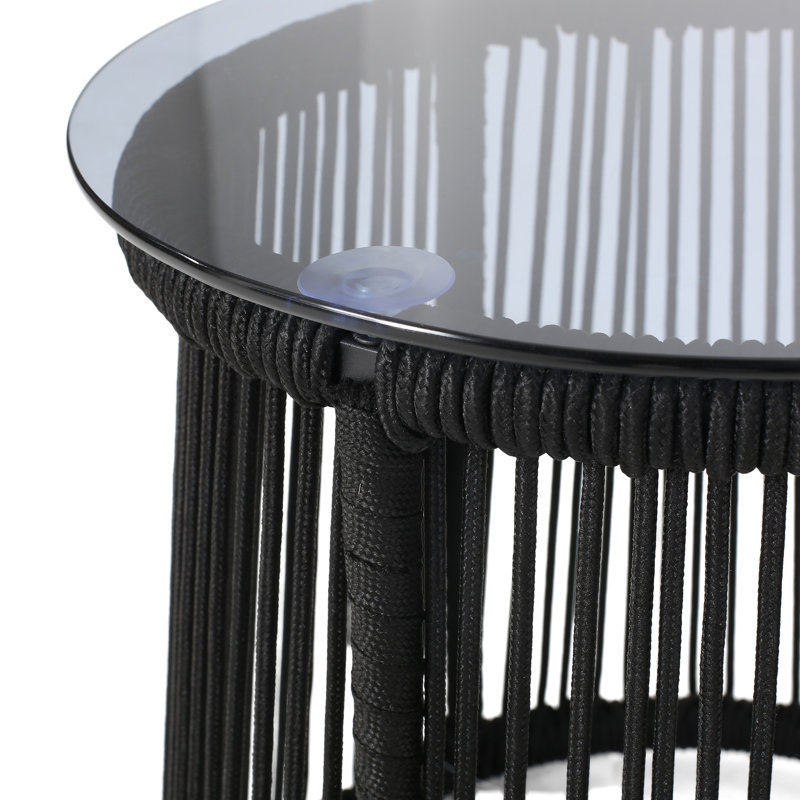 15.1" Square Side Table With Rope Weave And Tempered Glass Modern Outdoor Woven