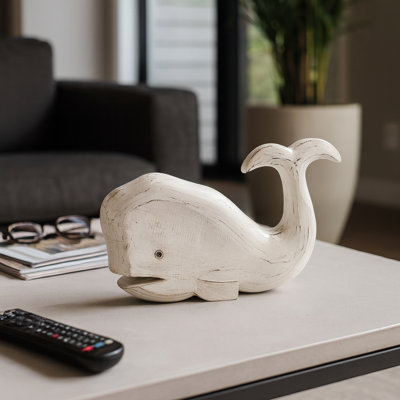Sculpture de baleine en bois fabriquée à la main pour la décoration de table - objet décoratif décoratif pour bureau, salon ou maison - 15 po, blanc