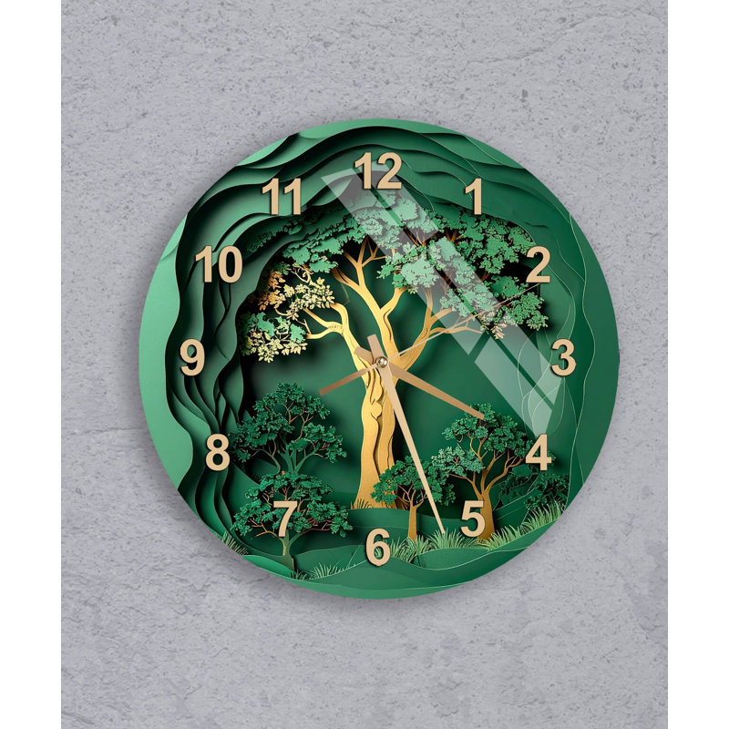 Horloge murale en verre trempé arbre de vie, 14 pouces, Noir anglais