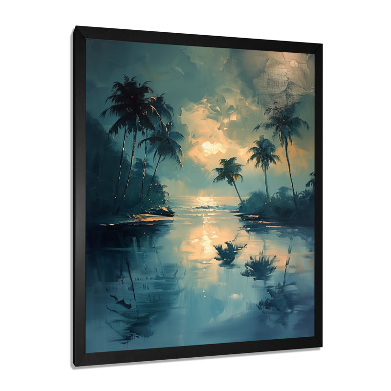 Décoration murale palmiers bleus Reflections II - Palmiers et palmiers, H 12 po x l 20 po, Cadre simple noir