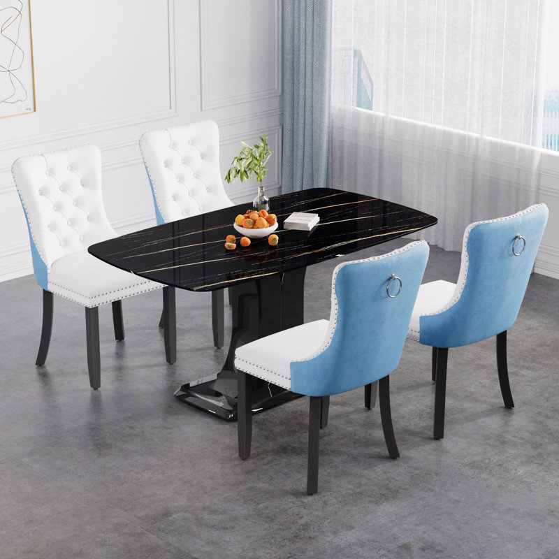 Ensemble de salle à manger à piédestal Vasia, Noir, Bleu, 5