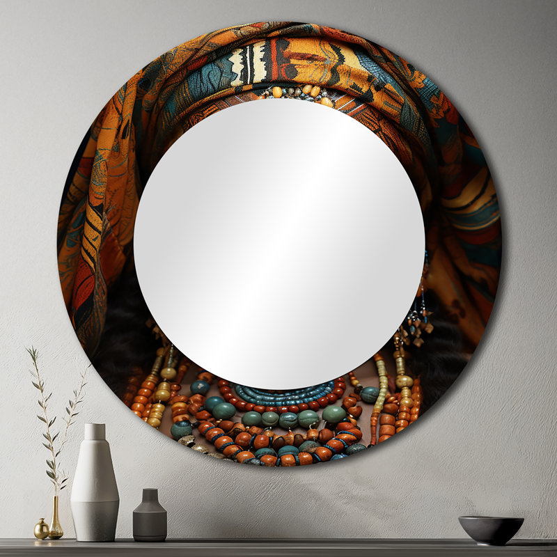 «African Adorned Beauty III» - miroir mural art africain, miroir décoratif rond turquoise, impression d'art en métal