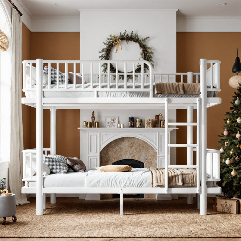 Lit superposé double au-dessus de double avec échelles et garde-corps UnaNidus, convertible en 2 lits plateforme, Blanc clair