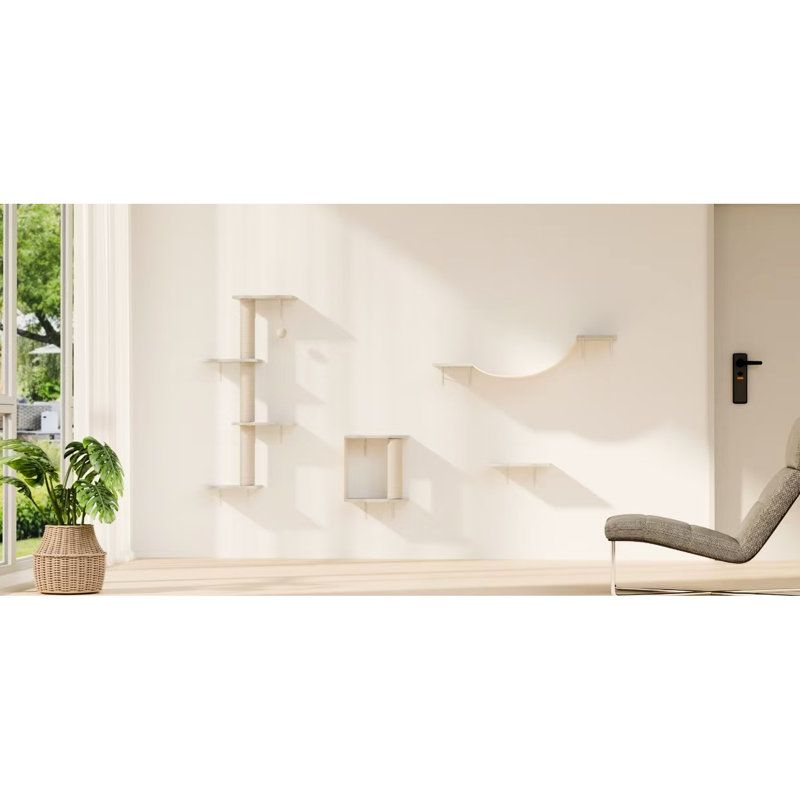 Meuble pour chat moderne 4 pièces avec tablettes murales, pont, marches et arbre en corde, panneau de particules doux, conception verticale peu encombrante, bricolage réglable facile à installer en structure d'escalade, installation