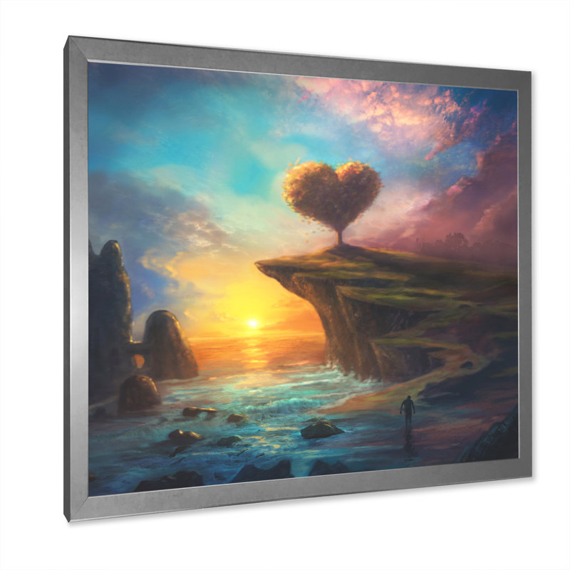 Cœur, paysage coucher de soleil - On, H 16 po x l 16 po x P 1 po, Impression argent sur toile encadrée