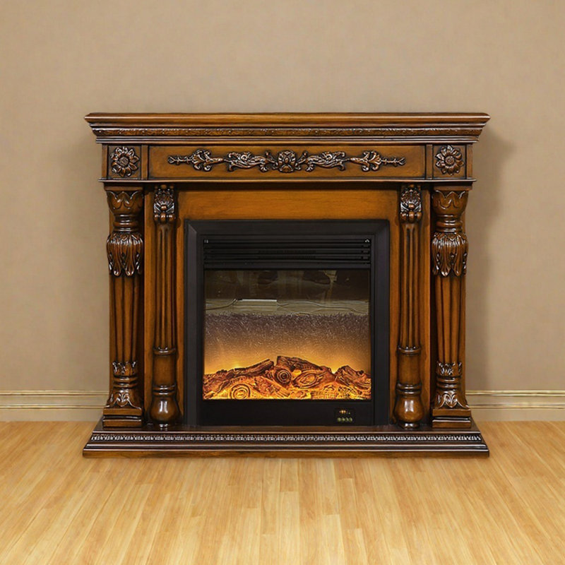 Retro solid wood base carved design fireplace, Brown, 43.3" H x 51.18" W x 12.59" D