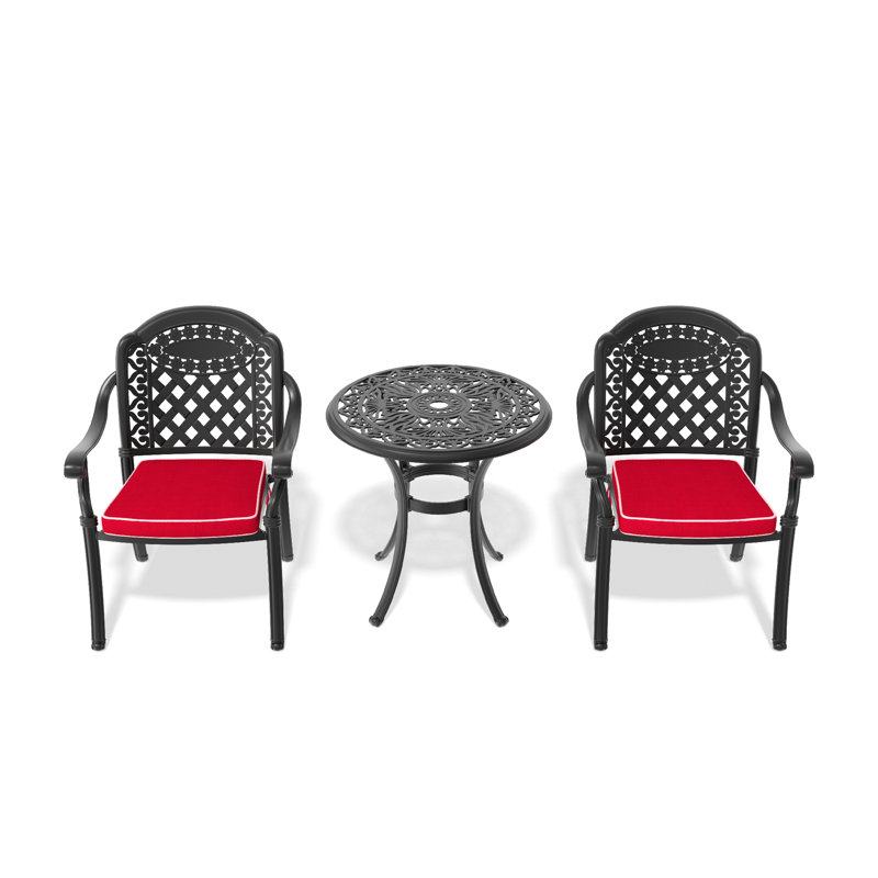3-Piece Round Patio Dining Set, 1 Table & 2 Chairs with Red Cushions, Suitable for Porch Lawn Courtyard, 2