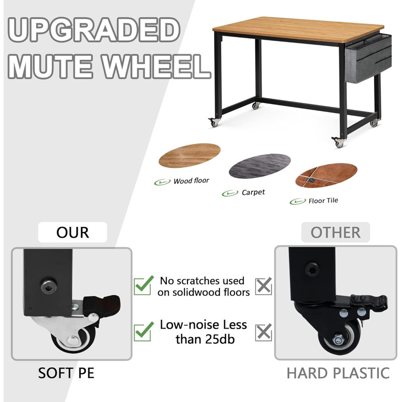 39" Rolling Computer Desk With 4 Smooth Wheels, Simple Style Mobile Writing Desk Home Office Study Table Movable Workstation With Metal Frame