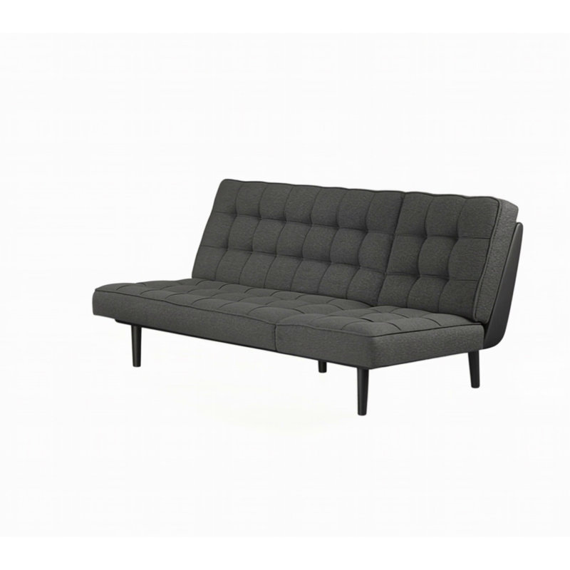 Canapé futon gris foncé avec capitonnage biscuit et appui-tête réglable, convertible en méridienne ou en lit pour un confort polyvalent