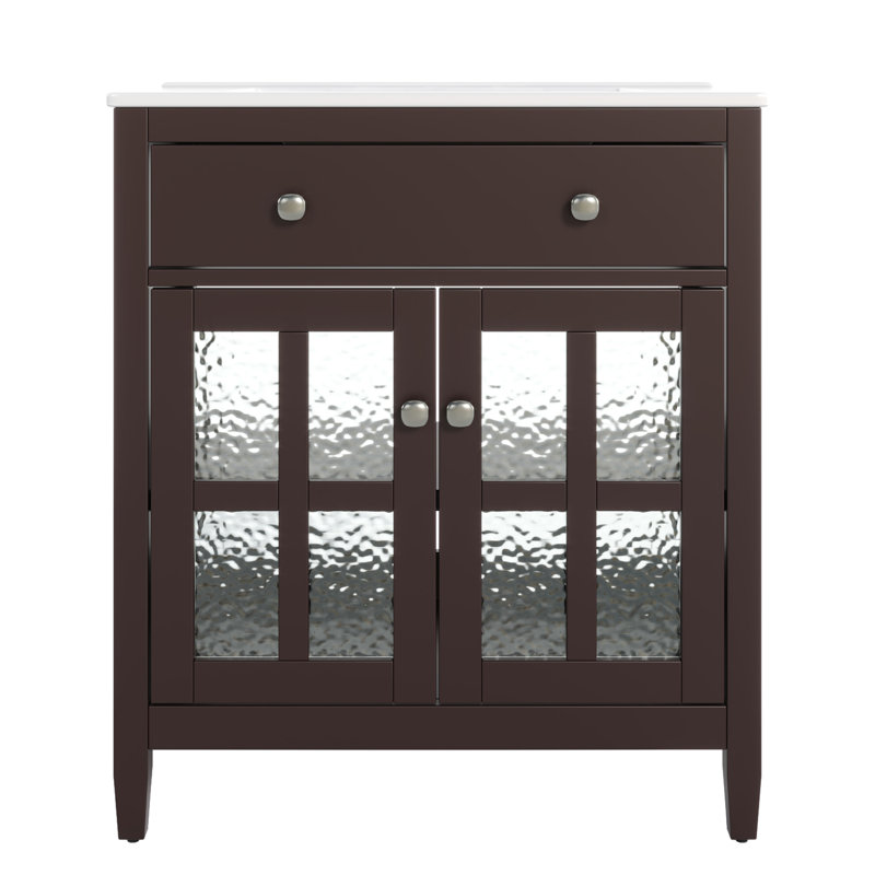 Meuble-lavabo de 30 po avec lavabo en céramique, tablette réglable et plateau basculant, pieds en bois massif, boutons argentés, charnières à fermeture en douceur, finition brun foncé