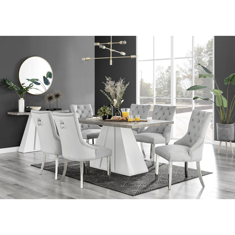 Athena Modern Marble Effect & High Gloss Dining Table Set with 6 Luxury Button Velvet Dining Chairs, Grey, Grey/Silver
