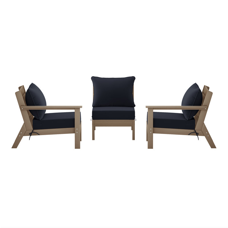 3-Piece Deep Seating Set With Cushions, Light Brown, Navy Blue