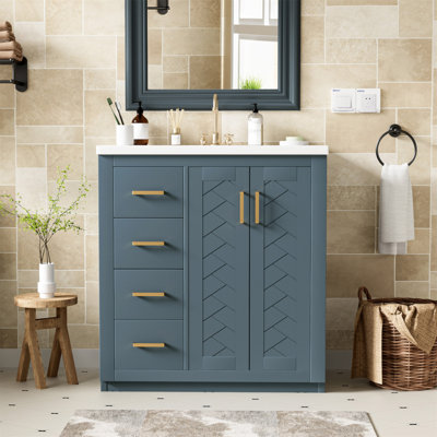 Meuble-lavabo de 30 po en bois massif avec lavabo en céramique, 3 tiroirs et portes à fermeture en douceur pour un rangement efficace