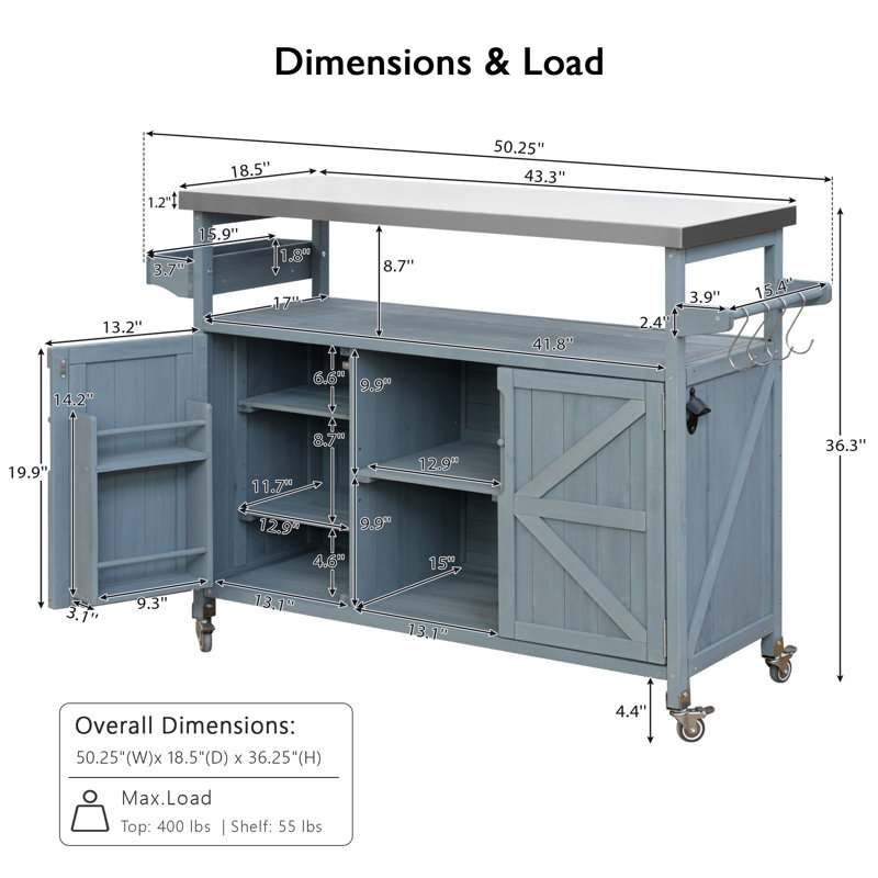 50Inch Outdoor Kitchen Island Cart With Stainless Steel Top, Gray Blue