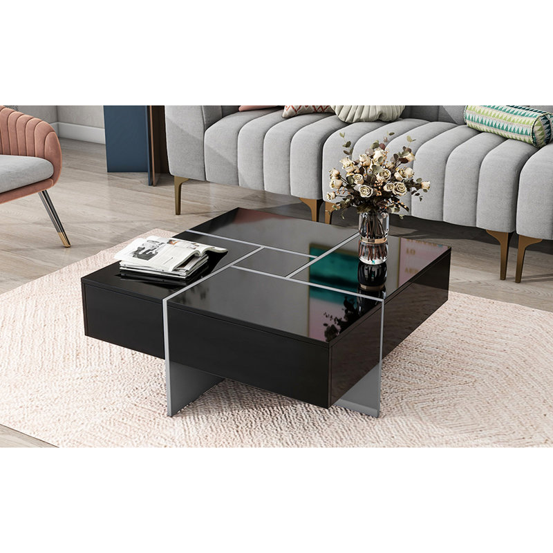 Coffee Table With 4 Hidden Storage Compartments, Square Cocktail Table With Extendable Sliding Tabletop