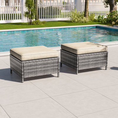 2 repose-pieds en rotin de patio 2 pièces, repose-pieds en osier d'extérieur avec coussin amovible et structure en acier