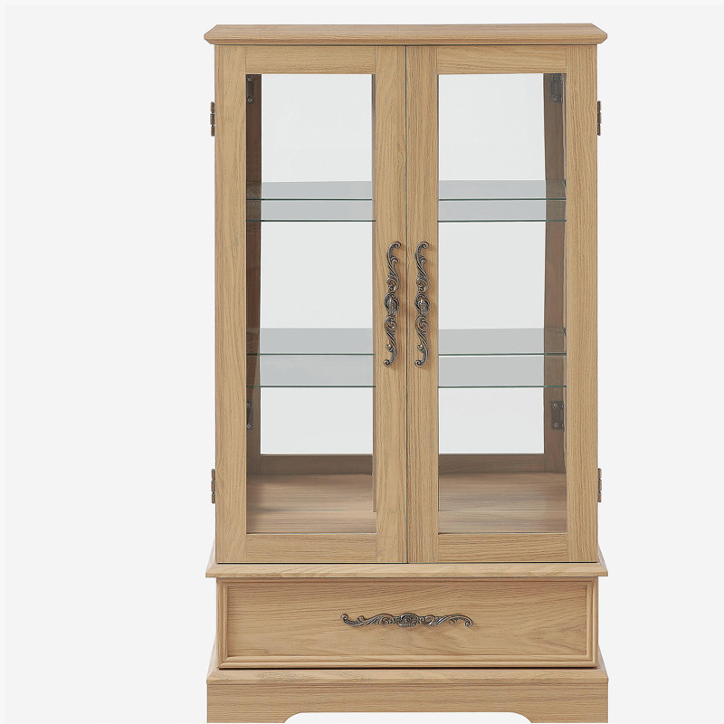 Vitrine lumineuse en verre avec tablettes réglables - 2 portes, 1 tiroir, lumières DEL, finition chêne clair élégant
