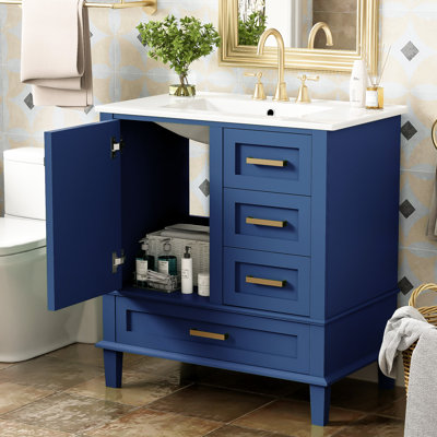 Meuble-lavabo moderne de 30 po. Armoire de rangement moderne. Porte en bois massif, 3 tiroirs. Comptoir en céramique. Restez organisé. Armoire au design élégant avec lavabo. Structure en bois massif, tiroirs et porte de qualité silencieuse