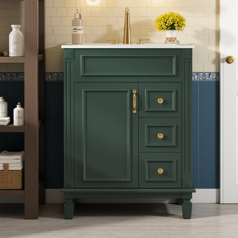 Meuble-lavabo autoportant de 24 po de style français avec lavabo en céramique, Vert