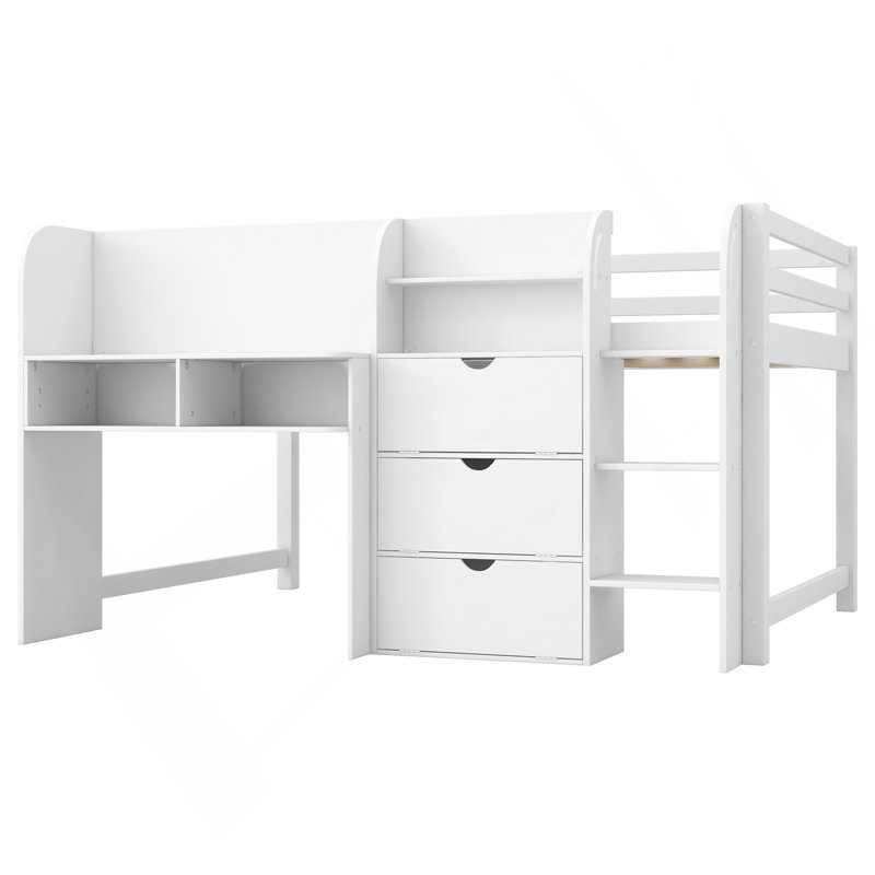 Lit mezzanine double pleine grandeur avec bureau intégré, armoires de rangement et bibliothèque ouverte, tableau blanc pour graffiti, blanc