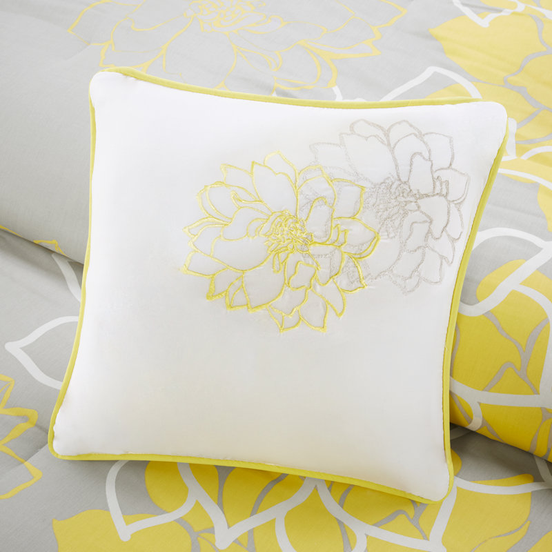 Queen Gray and Yellow Floral Cotton Comforter Set