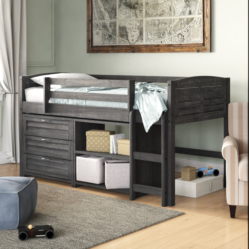 Hagen Twin Wood Platform Loft Bed with Bookcase by Sunside Sails, Antique Gray
