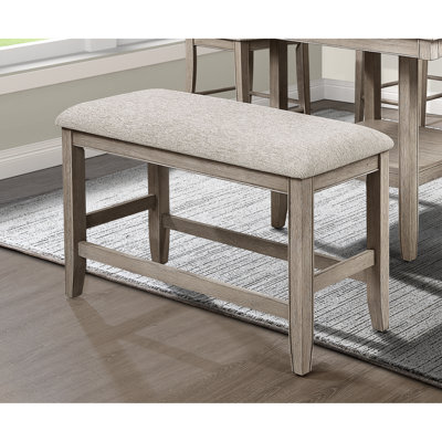 Banc de style avec revêtement gris et repose-pieds, comptoir en bois massif pour la salle à manger de hauteur brun clair / brun, assise rembourrée