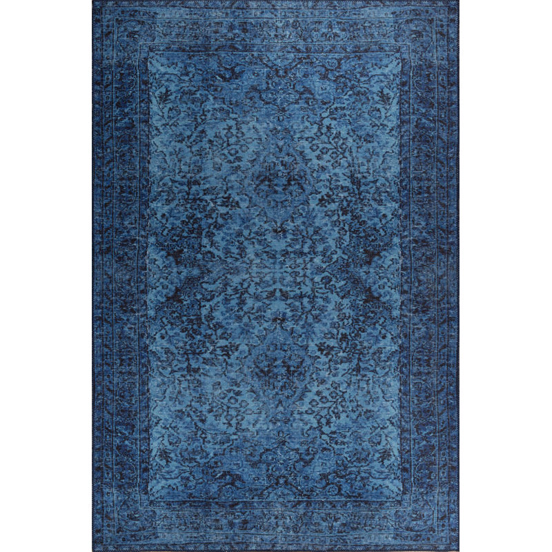 Tapis décoratif bleu marine à motif oriental rétro, Carré 5 pi