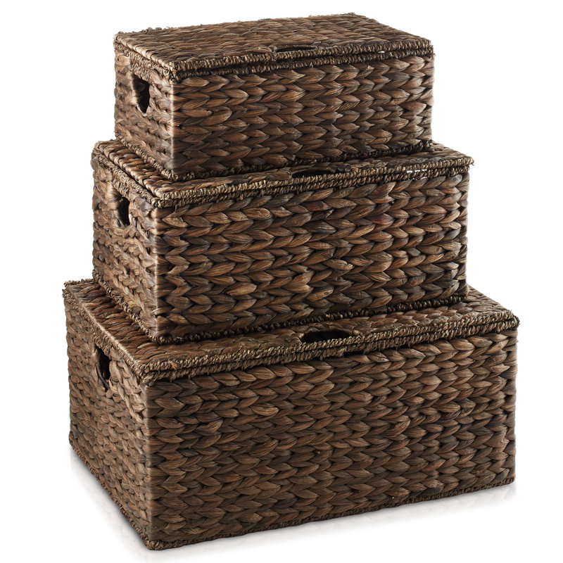 Casafield Water Hyacinth Rectangular Storage Baskets with Lids (Small, Medium, and Large)