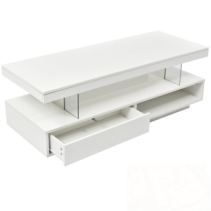 Table basse moderne à DEL avec 2 tiroirs et tablettes, White