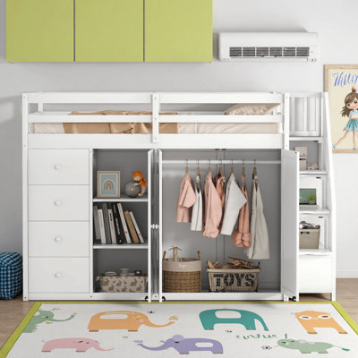 Space-Saving Kids Loft Bed with Built-in Wardrobe, Staircase Drawers & Storage Nooks