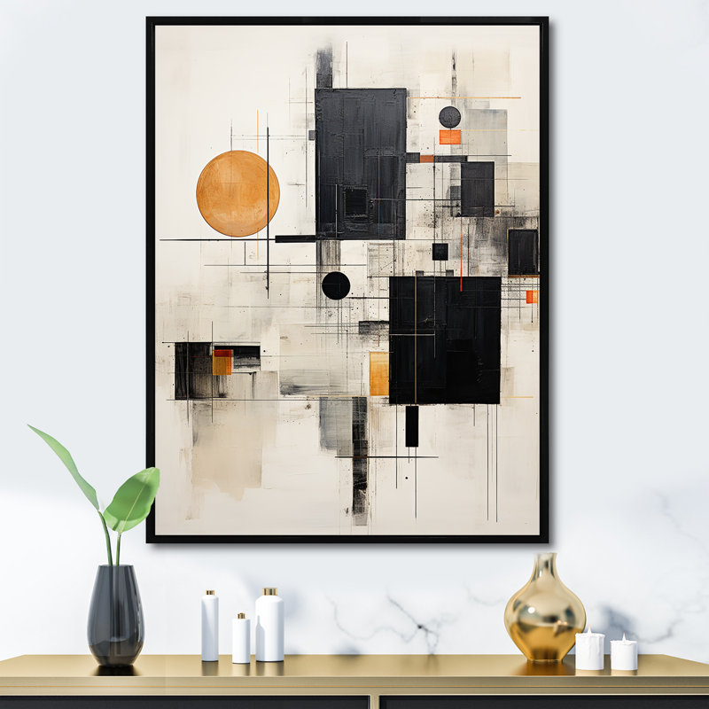 Isamara " Yellow Suprematism Geometric Symphony ", 32" H x 24" W x 1" D, Black Floater Framed