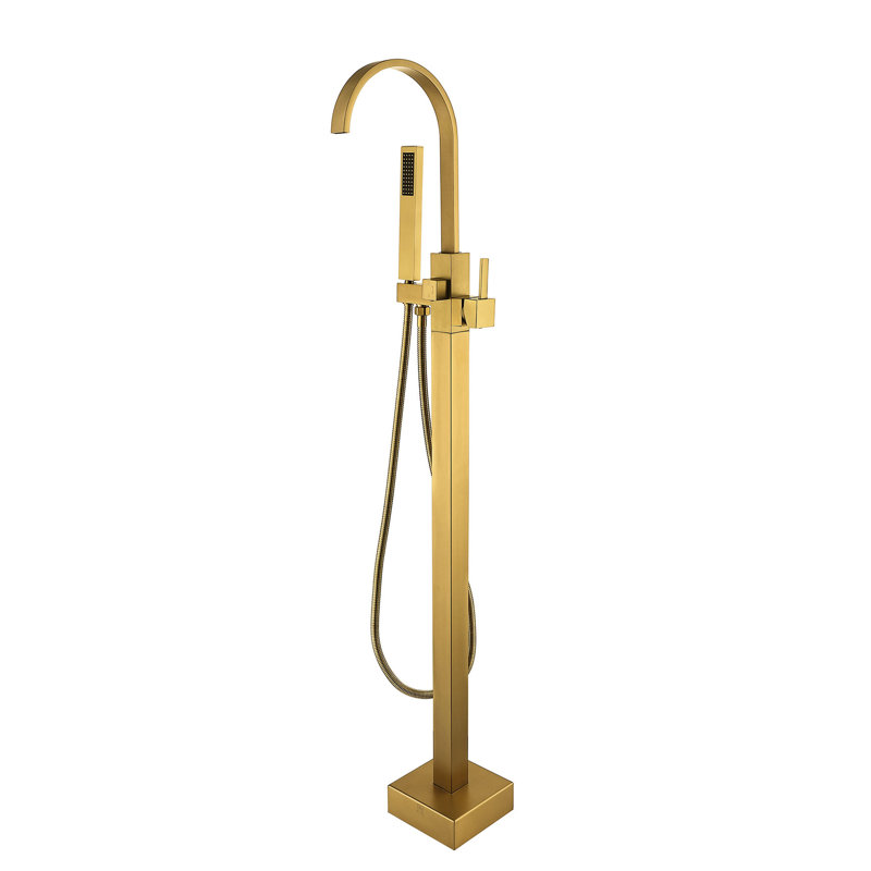 Gold Freestanding Bathtub Faucet With Portable Spray Unit - Construction Brushed Handheld Shower Solid Metal Durability