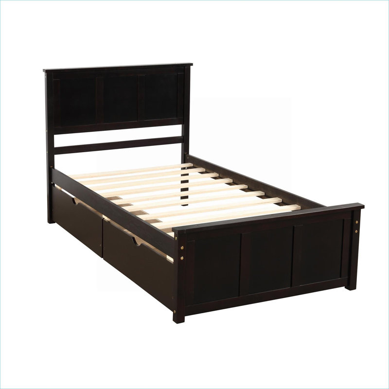 Twin Size Solid Pine Platform Bed Frame With Two Wheeled Under-Bed Storage Drawers, Brown-Toned Construction