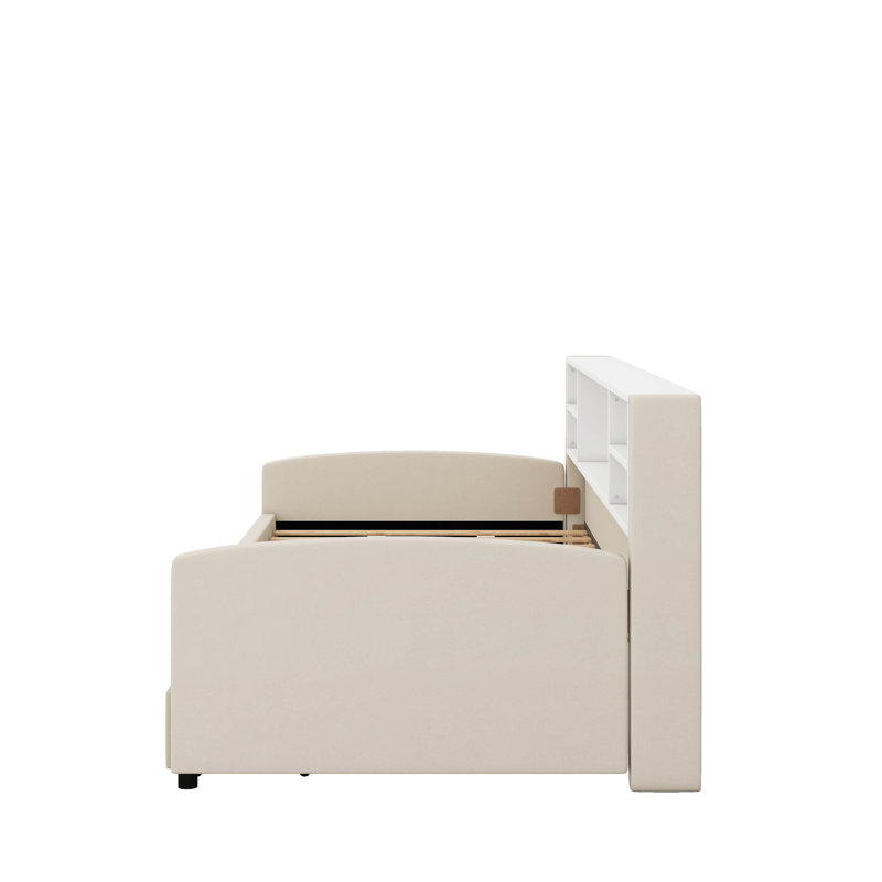 Lit plateforme simple tapissier avec tiroirs, Beige