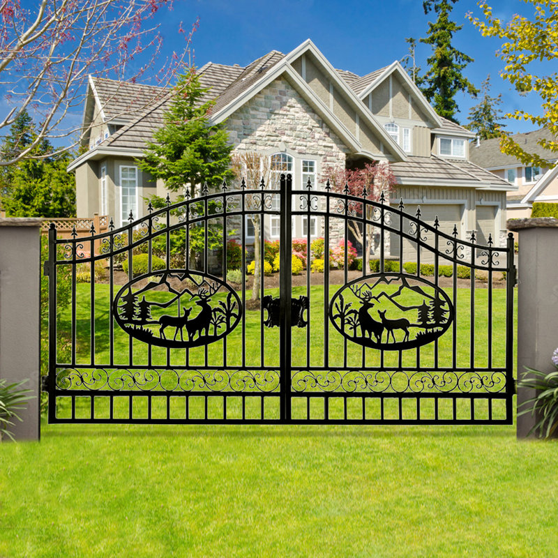 14 ft. W Steel Dual Swing Driveway Gate - DEER Style
