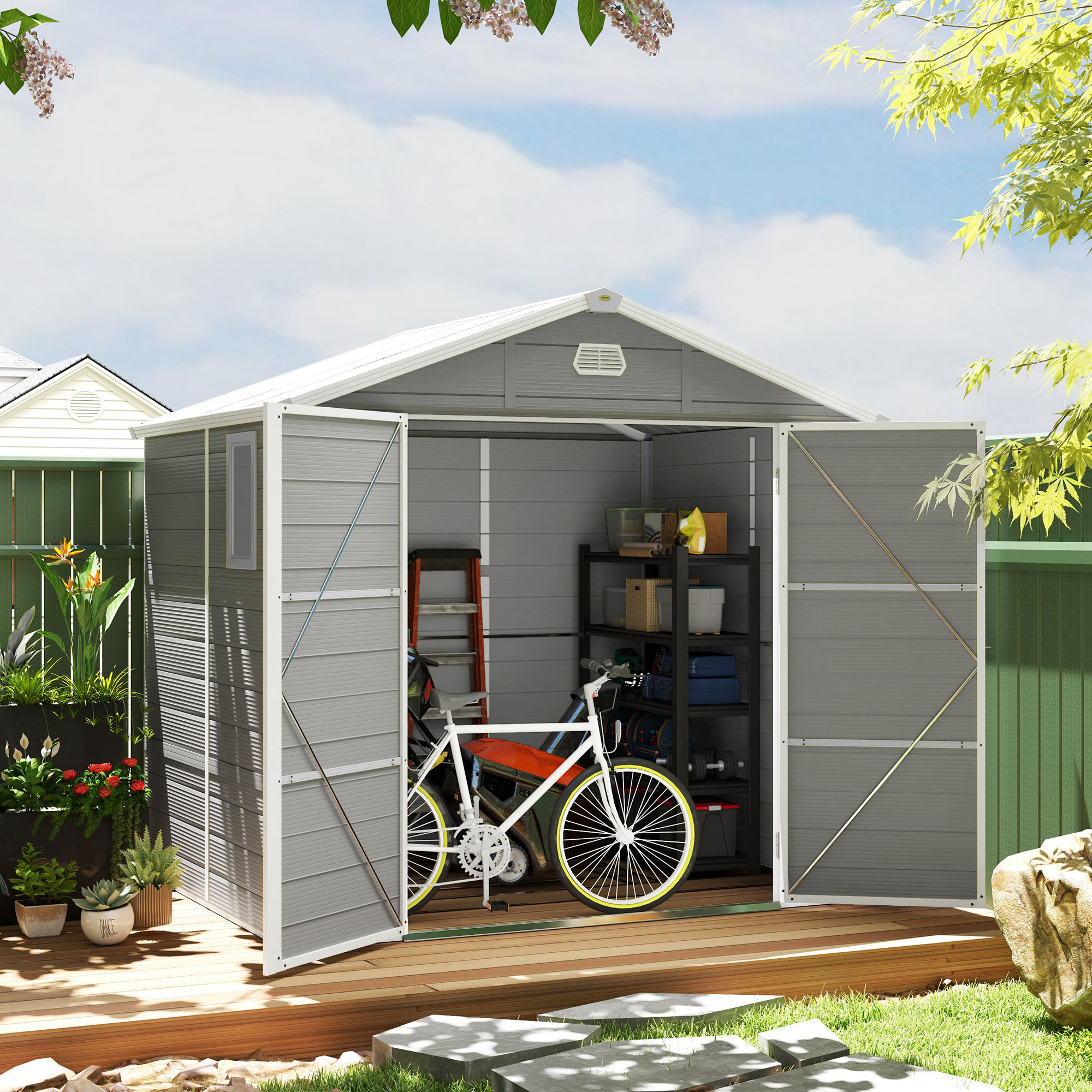 Outsunny 8' X 4' Outdoor Storage Shed, Plastic Shed With Vent, Window And Double