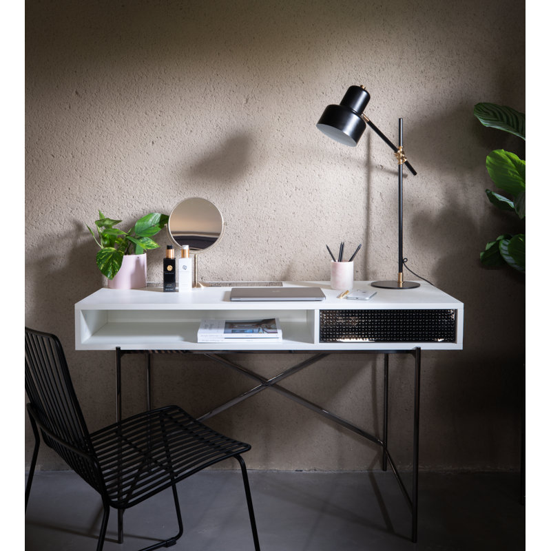 Waneta Metal Base Secretary Desk, Dark Chrome, White