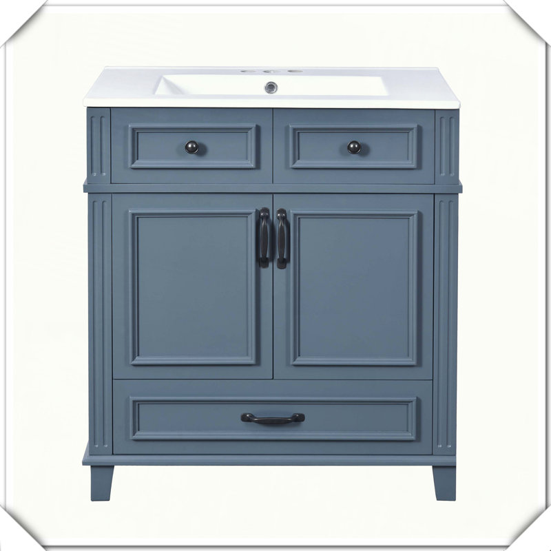 Meuble-lavabo en bois massif rétro avec lavabo en céramique, Bleu