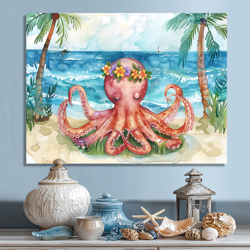 Pieuvre méditant sur la plage à Hawaï - Pieuvre / calmar, art mural, salon, Métal métal, H 30 po x l 40 po x P 1,5 po