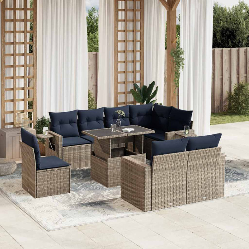Ensemble de canapé de patio 9 pièces avec coussins en rotin de polyester, Gris, Marine