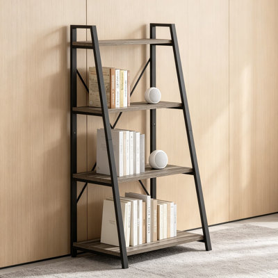 Bibliothèque échelle à 4 niveaux, bibliothèque inclinée en bois avec structure en métal, étagère peu encombrante pour le salon, la chambre à coucher, le bureau personnel