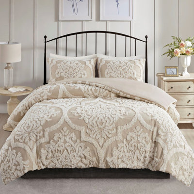 Housse de couette 3 pièces, double / grand, chenille de coton avec capitonnage et fermeture à boutons, double / grand, Shabby Chic
