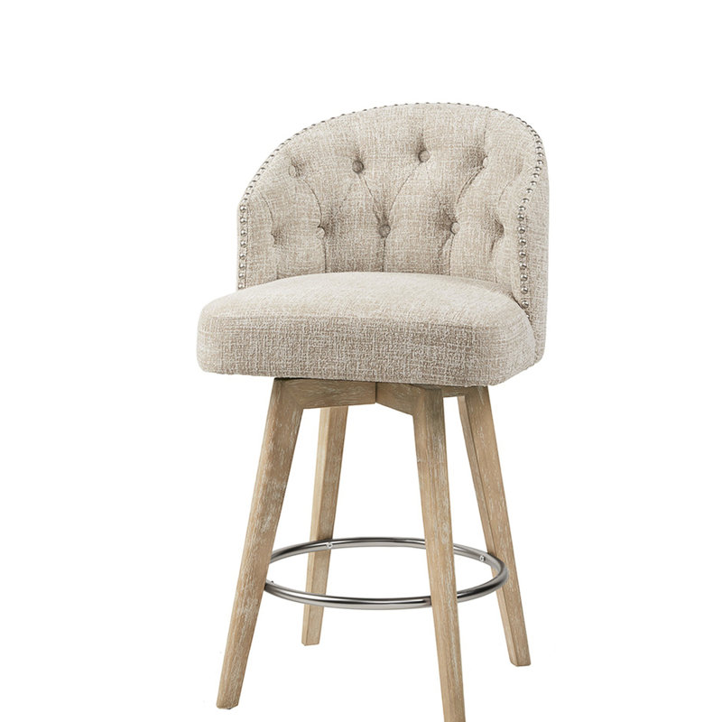 Tabouret de comptoir pivotant à 360 degrés - Revêtement crème, dossier à boutons, pieds en bois massif d'aspect récupéré, argent, capacité de 300 lb, pieds de siège rembourrés, finition, charge maximale en métal